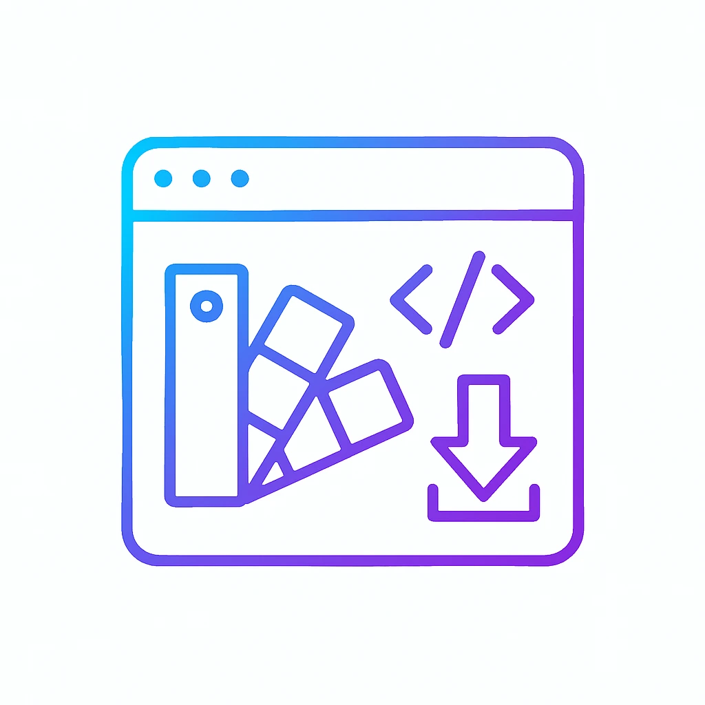 Minimalist icon of a browser window with a color palette, code brackets, and a download arrow in blue-purple gradient, representing design extraction software.
