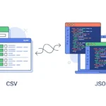 CSV to JSON Converter Online Tool - Visual representation of CSV data transforming into JSON format