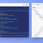 Online JSON Editor tool interface showing formatted JSON code with syntax highlighting and tree view visualization