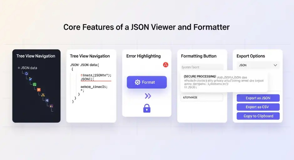 Infographic showing main features of a JSON Viewer and Formatter including tree view, formatting tools, and error detection.