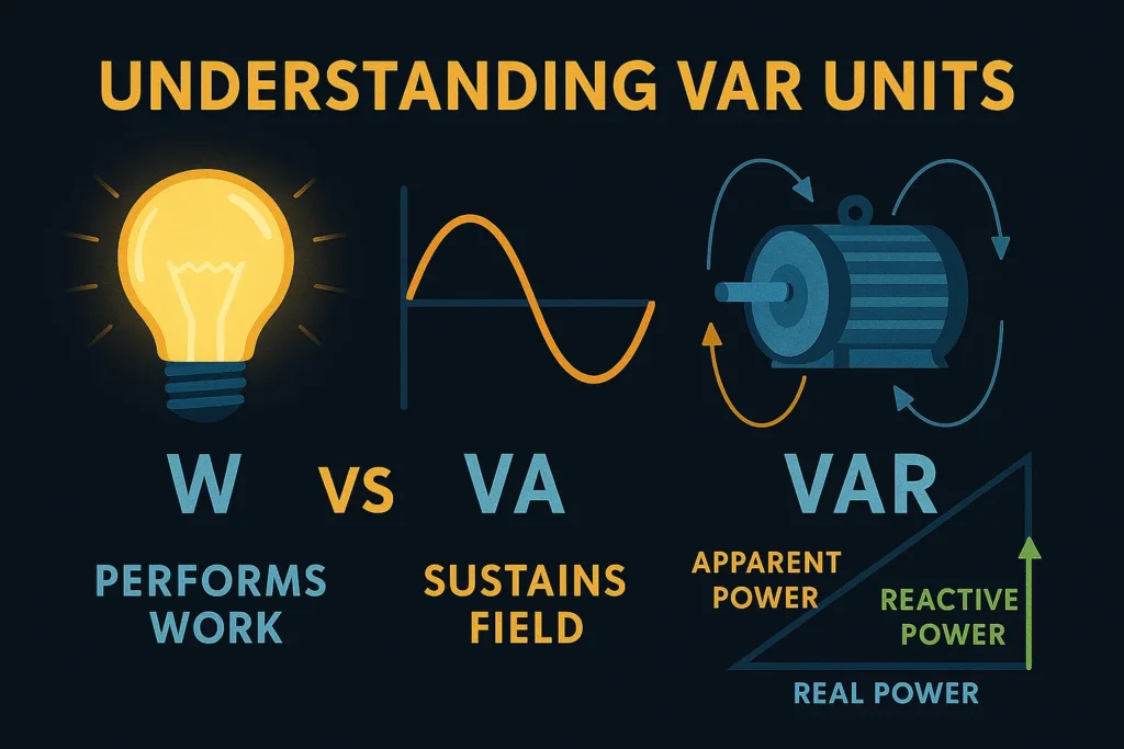 Infographic explaining VAR units and how a Reactive Energy Converter works with reactive power measured in VAR.