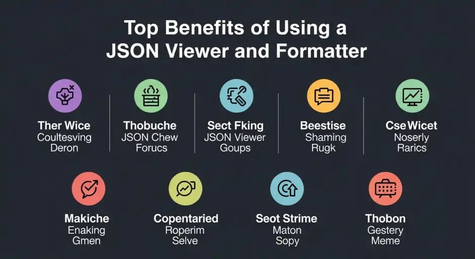 Infographic summarizing the benefits of using a JSON Viewer and Formatter such as faster debugging and cleaner code.