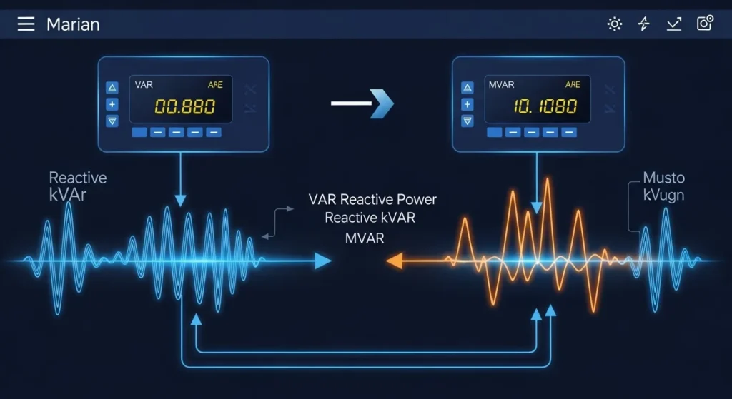 Reactive Power Converter tool interface showing real-time conversion between VAR, kVAR, and MVAR units for electrical engineering applications