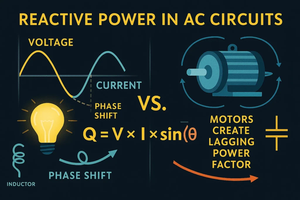 Infographic showing reactive power in AC circuits and how a Reactive Energy Converter helps correct phase differences.