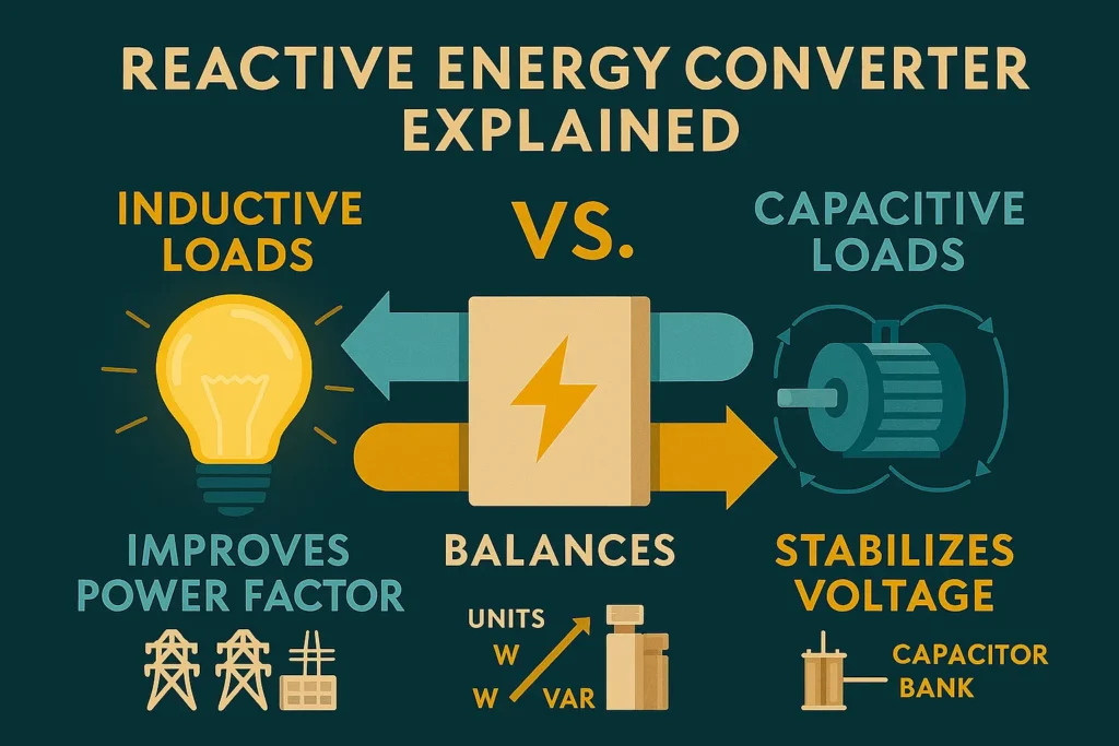 Infographic explaining reactive energy and how a Reactive Energy Converter manages energy stored in inductive and capacitive components.