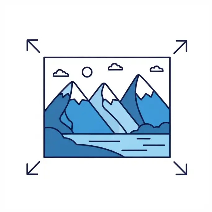 Image Resolution Upscaler icon - mountain photo with expansion arrows.